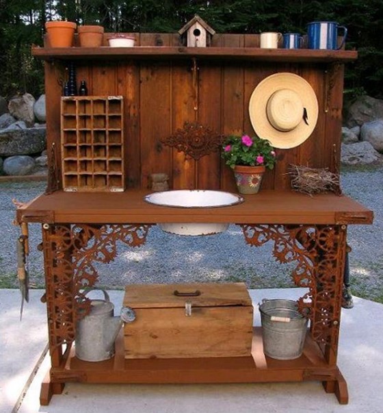 overwhelming teak potting bench with sink #pottingbenchideas #benchdesign #pottingbench #benchideas