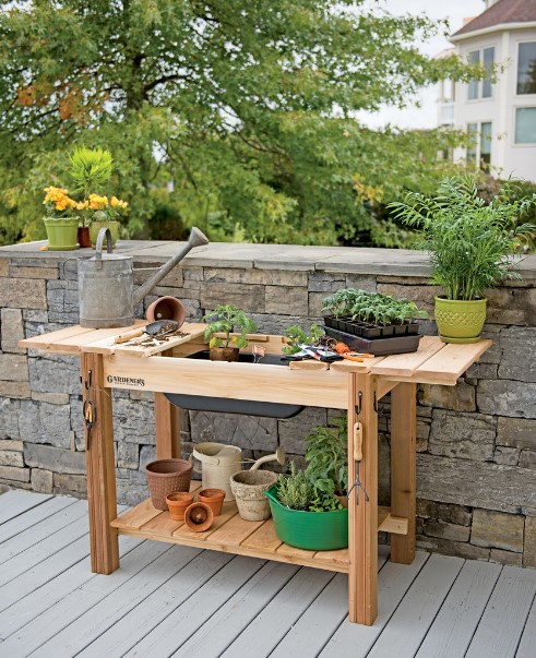 stunning teak outdoor potting bench #pottingbenchideas #benchdesign #pottingbench #benchideas