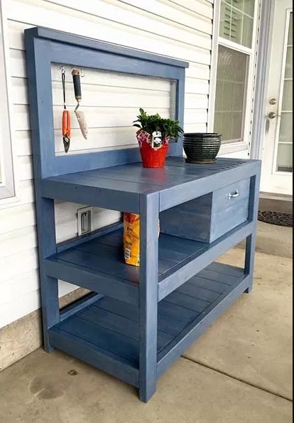 awe-inspiring wooden potting table with wheels #pottingbenchideas #benchdesign #pottingbench #benchideas